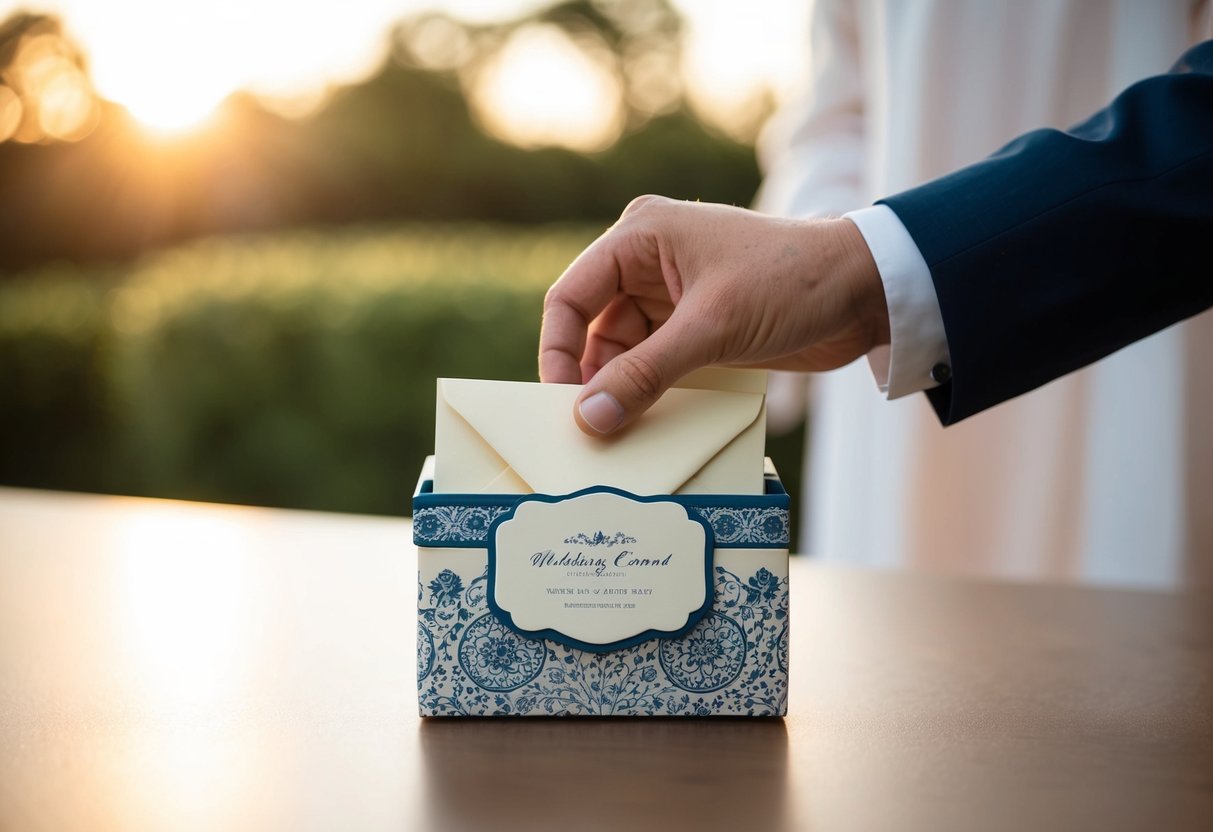 A hand placing a crisp envelope into a decorative wedding card box