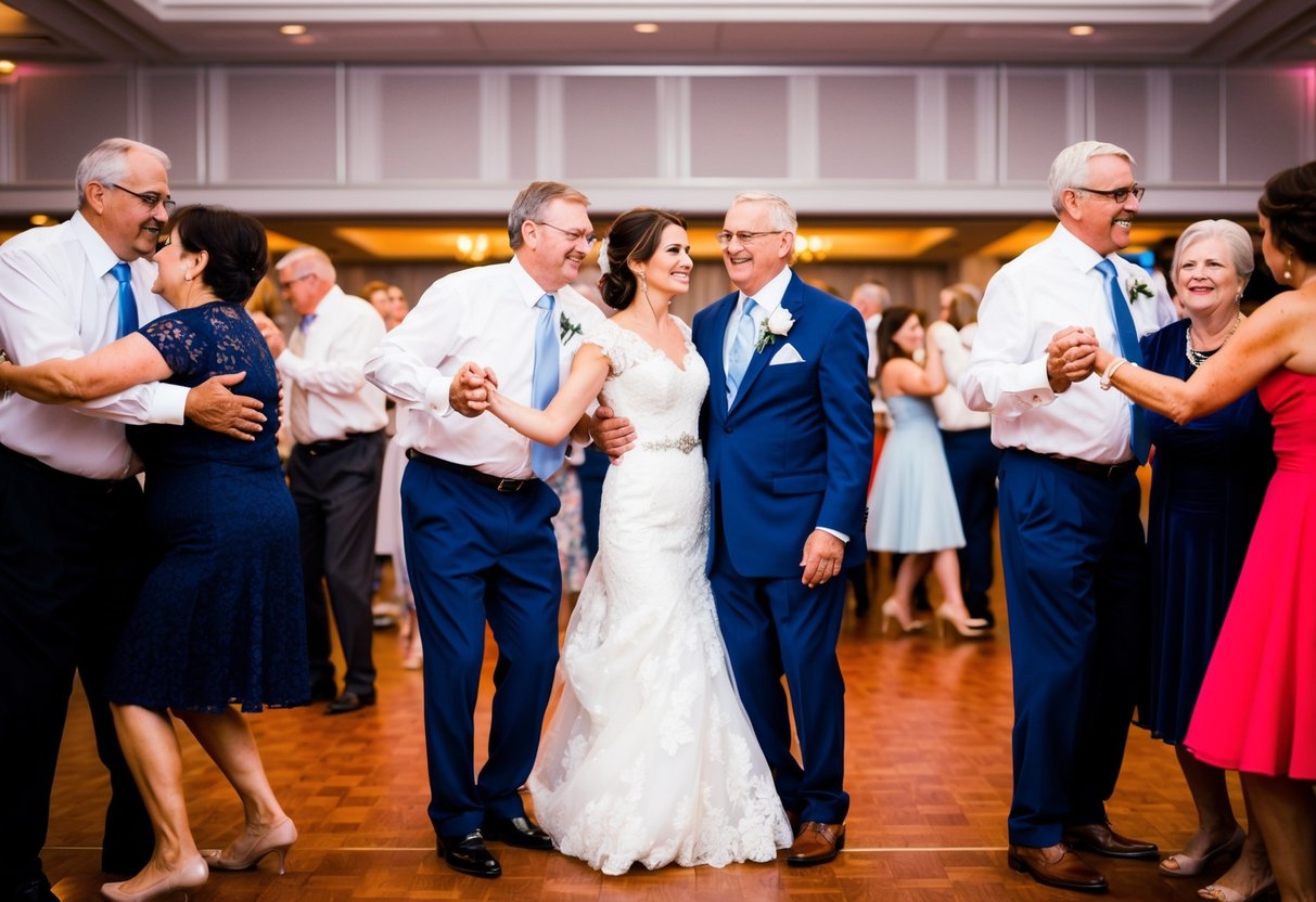 A bride and groom stand in the center of a crowded dance floor, surrounded by their parents. The parents are smiling and embracing as they participate in the traditional parent dances at the wedding