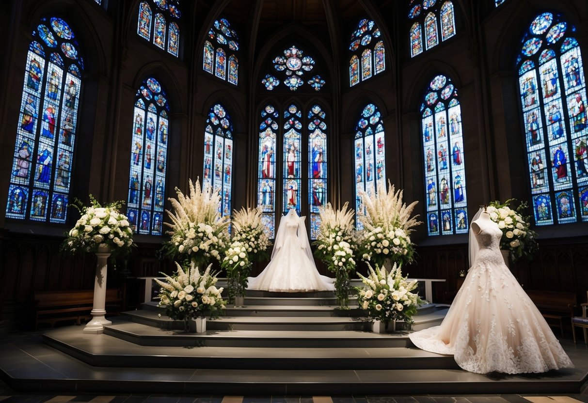 A grand cathedral with ornate stained glass windows, filled with elegant floral arrangements and a regal wedding gown on display