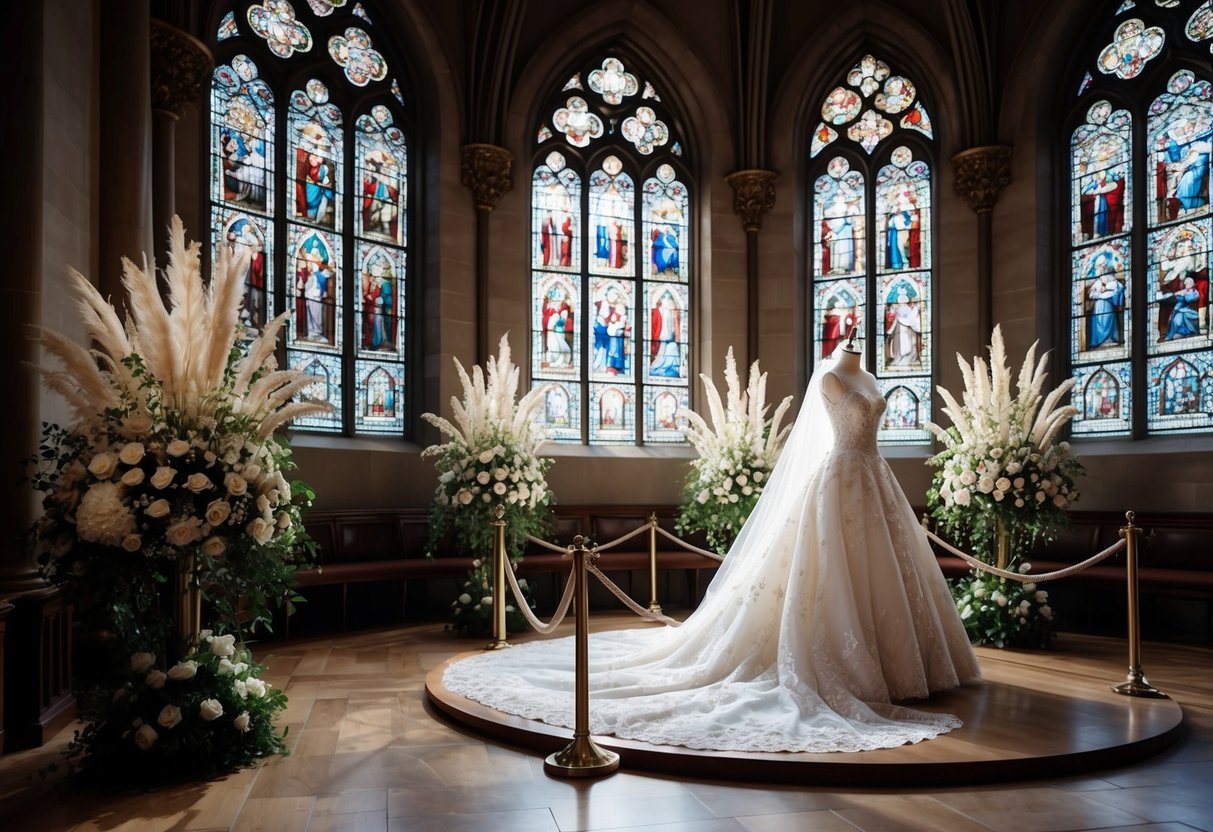 A grand cathedral with ornate stained glass windows, filled with elegant floral arrangements and a regal wedding gown on display