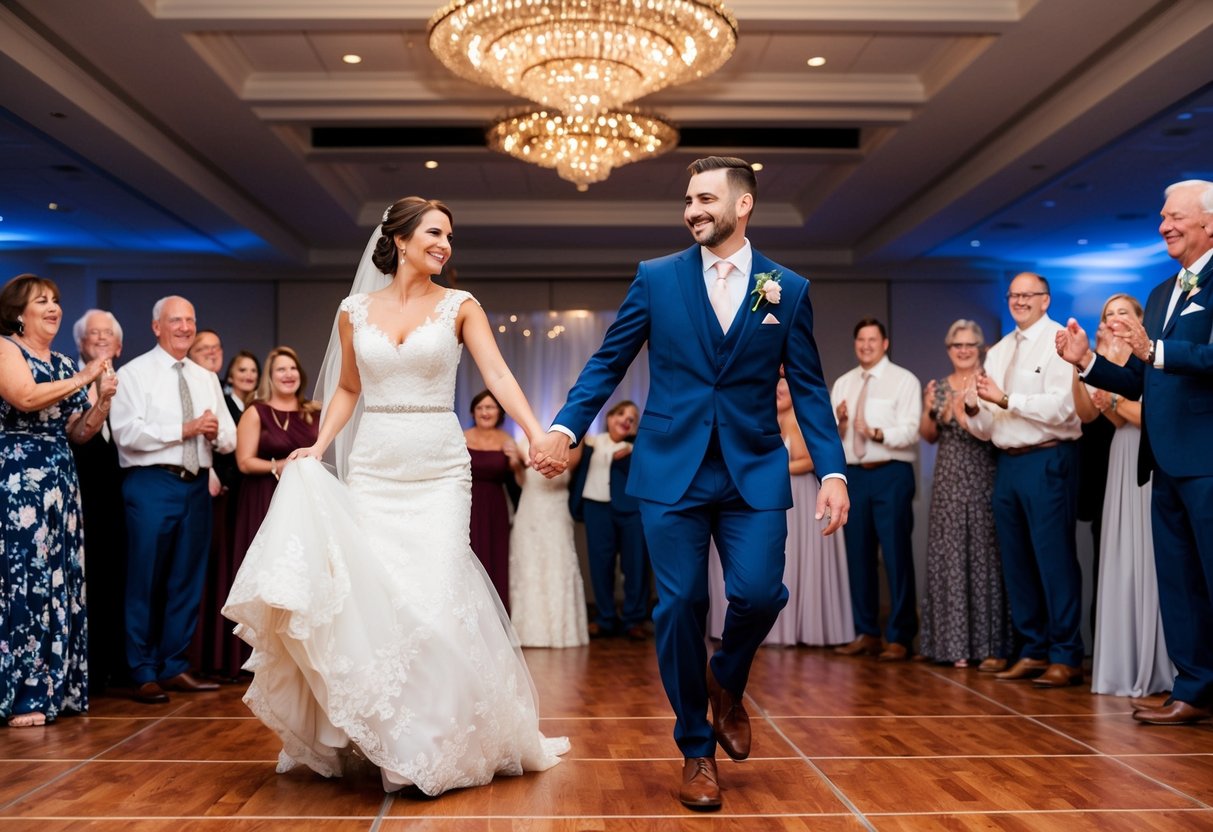 A bride and groom stand hand in hand, smiling, as they skip across the dance floor at their wedding, surrounded by their beaming parents