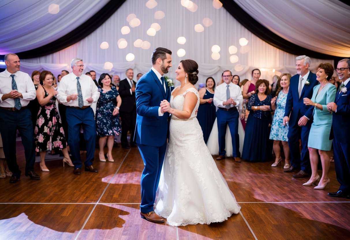 A bride and groom stand on the dance floor, surrounded by guests. The bride's parents approach, expecting to join in for the traditional parent dance