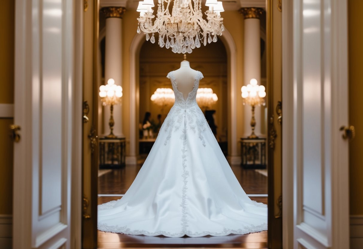 A luxurious wedding dress displayed in a grand, ornate setting
