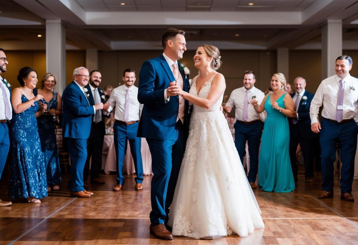 A couple standing together on the dance floor, surrounded by their wedding guests, smiling and laughing as they enjoy their reception