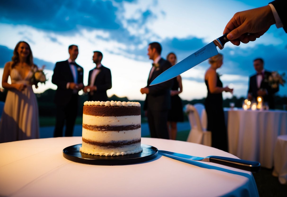 A cake sits on a table with evening guests arriving. A knife hovers nearby, ready to cut the cake