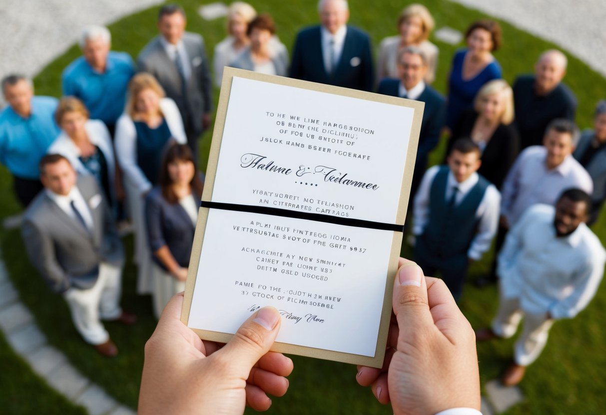 A wedding invitation with a line drawn through it, surrounded by a group of people being excluded