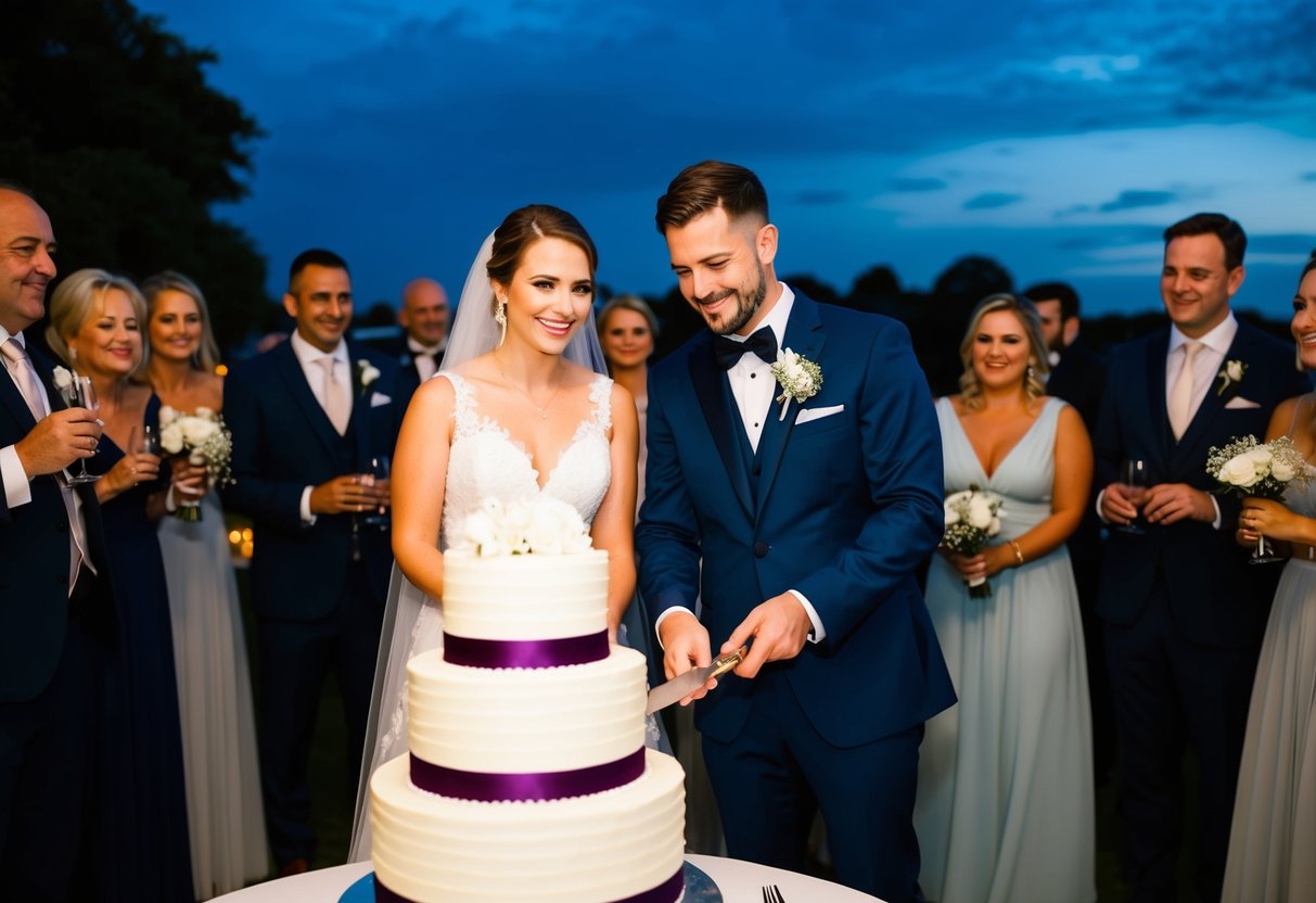 A bride and groom stand before a tiered wedding cake, surrounded by evening guests, ready to cut the cake in celebration