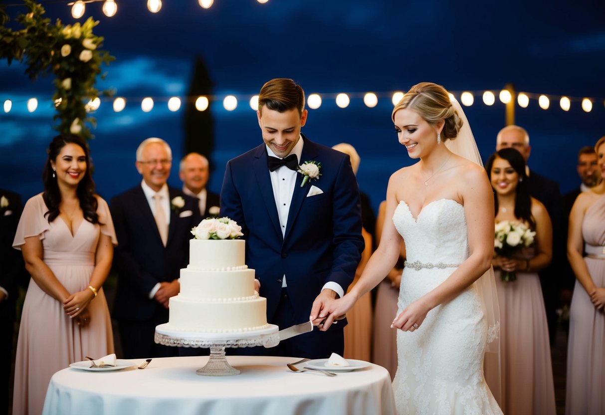 The bride and groom stand at the elegant cake table, surrounded by evening guests, as they prepare to cut the cake