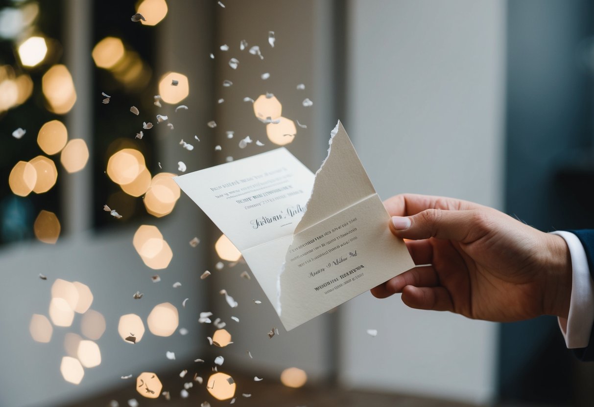 A wedding invitation torn in half, with one side floating away while the other is held by a hand