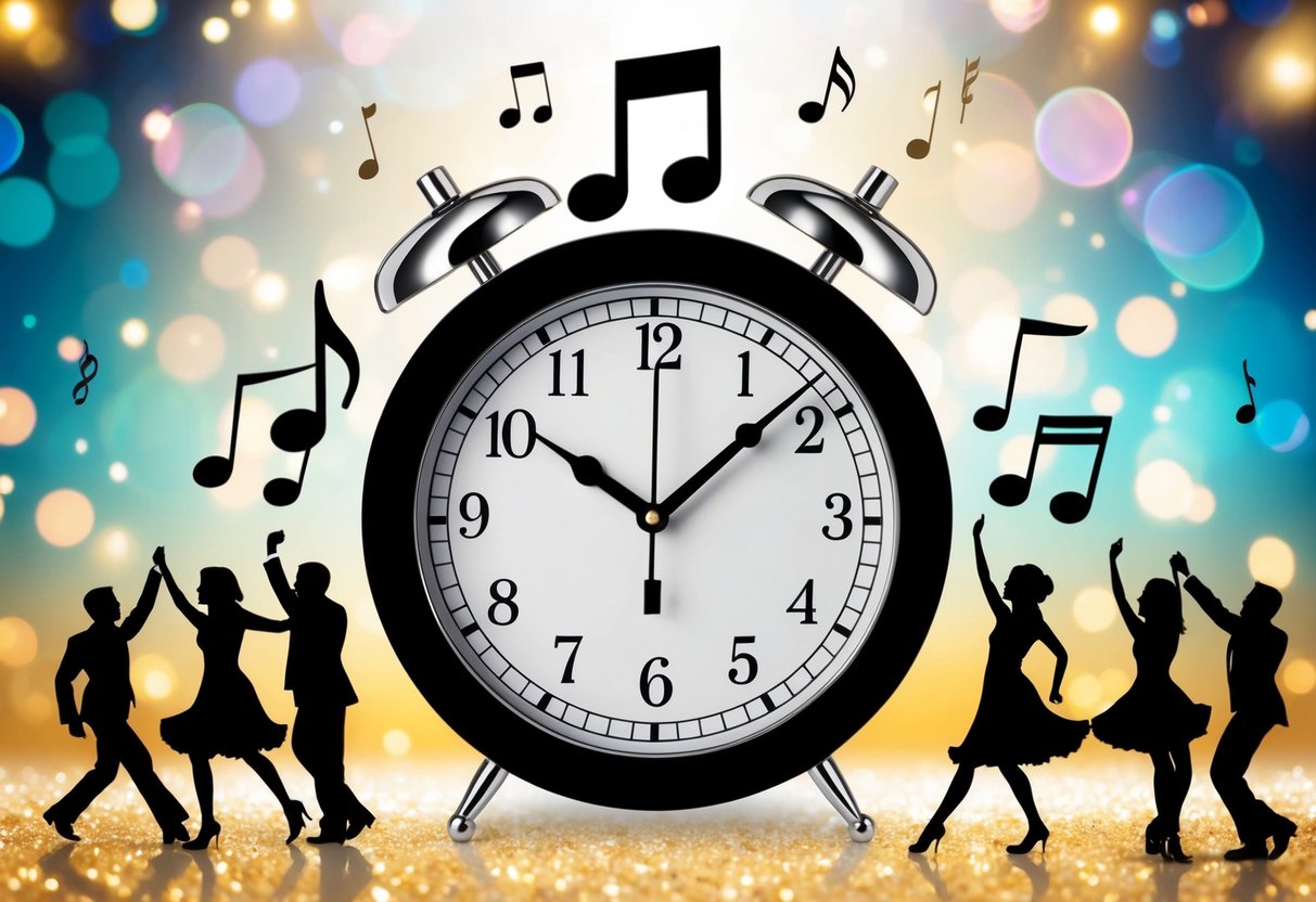 A clock showing 2 hours with a music note symbol above it, surrounded by dancing silhouettes and a festive atmosphere