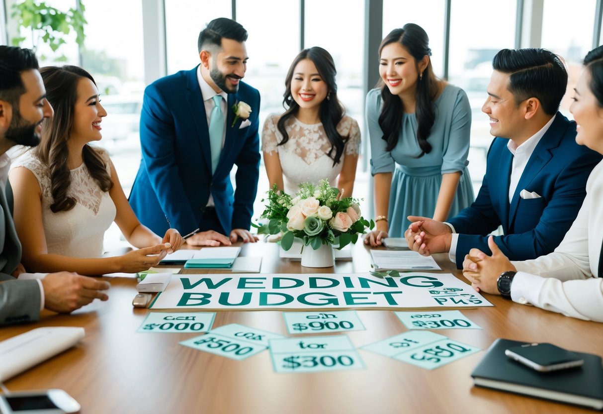 A table with wedding budget items and prices, surrounded by happy couples and vendors discussing details