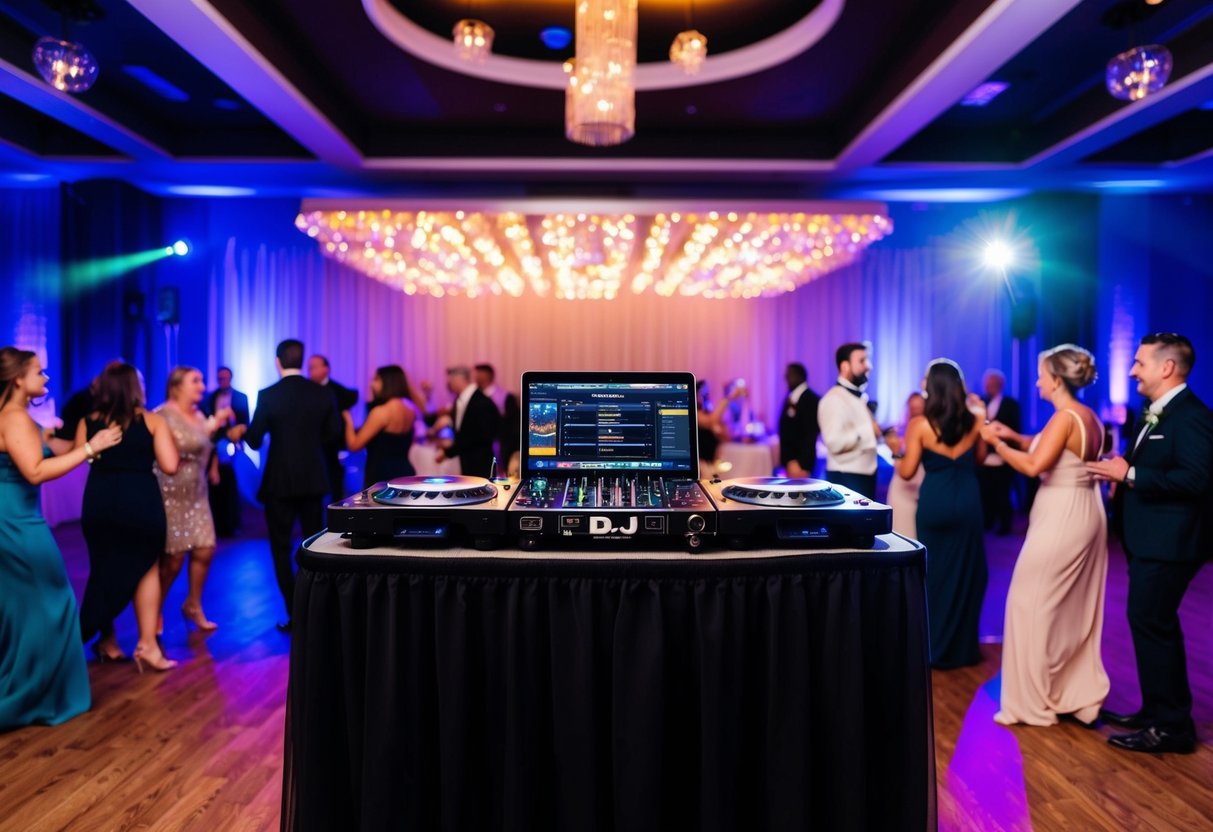 A DJ booth with a playlist of songs for a 2-hour reception, surrounded by dancing guests and colorful lights