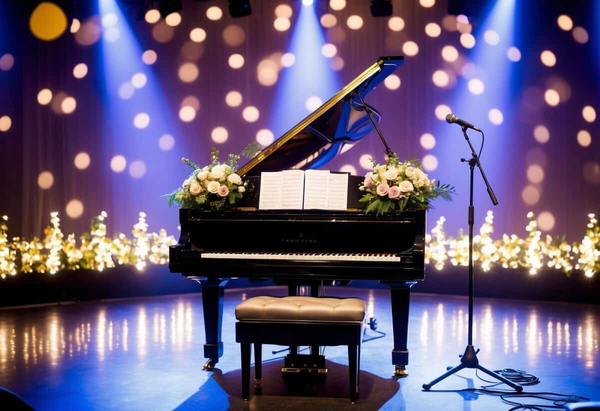 A grand piano sits center stage, adorned with flowers. A microphone stands ready, surrounded by twinkling lights and a romantic ambiance