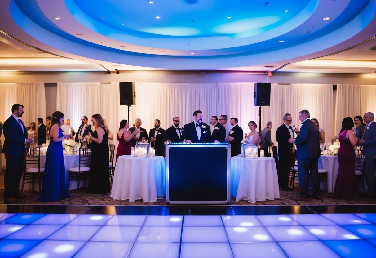 A wedding reception with a dance floor, DJ booth, and guests mingling around tables