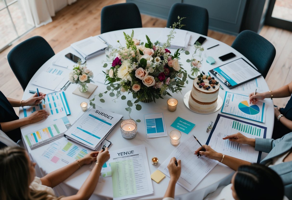 A table covered in wedding planning materials, with a budget spreadsheet, floral arrangements, cake designs, and venue options spread out