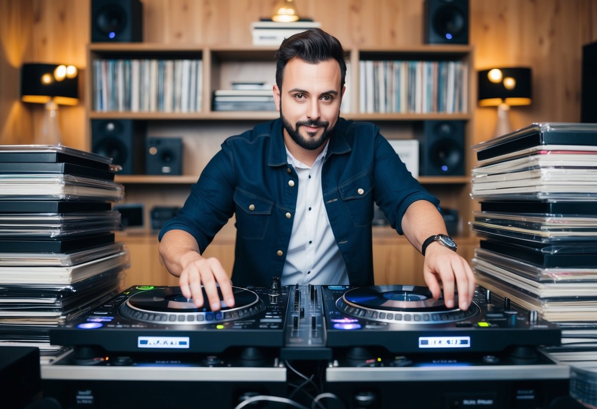 A DJ surrounded by stacks of vinyl and digital music files, selecting and arranging tracks for a 2-hour wedding reception playlist