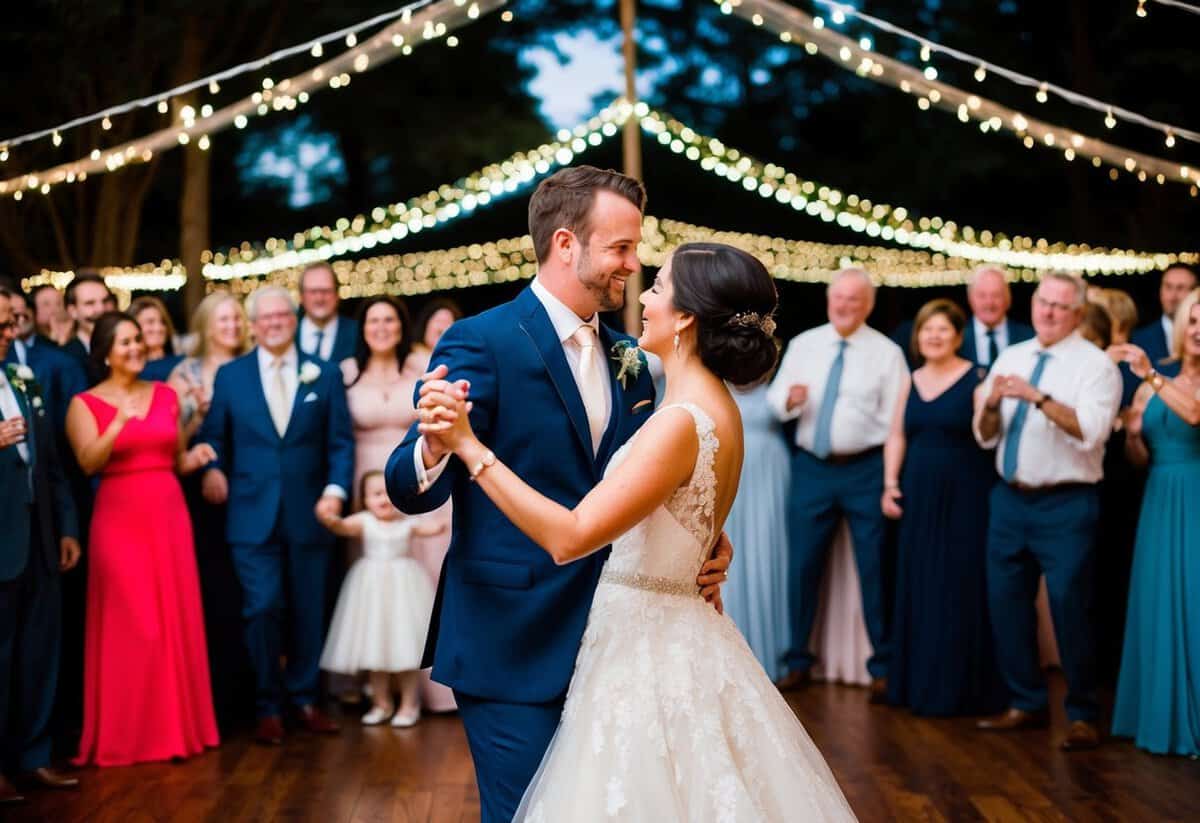 A bride and groom dancing under twinkling lights, surrounded by family and friends, as the number one wedding song of all time plays in the background