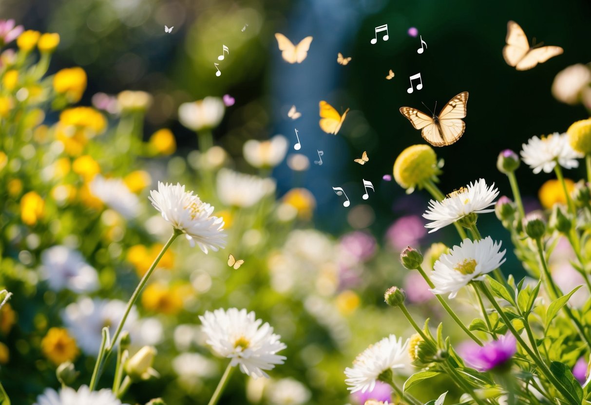 Soft music plays in a sunlit garden, surrounded by blooming flowers and fluttering butterflies. The melody drifts through the air, creating a tranquil atmosphere for the upcoming wedding ceremony