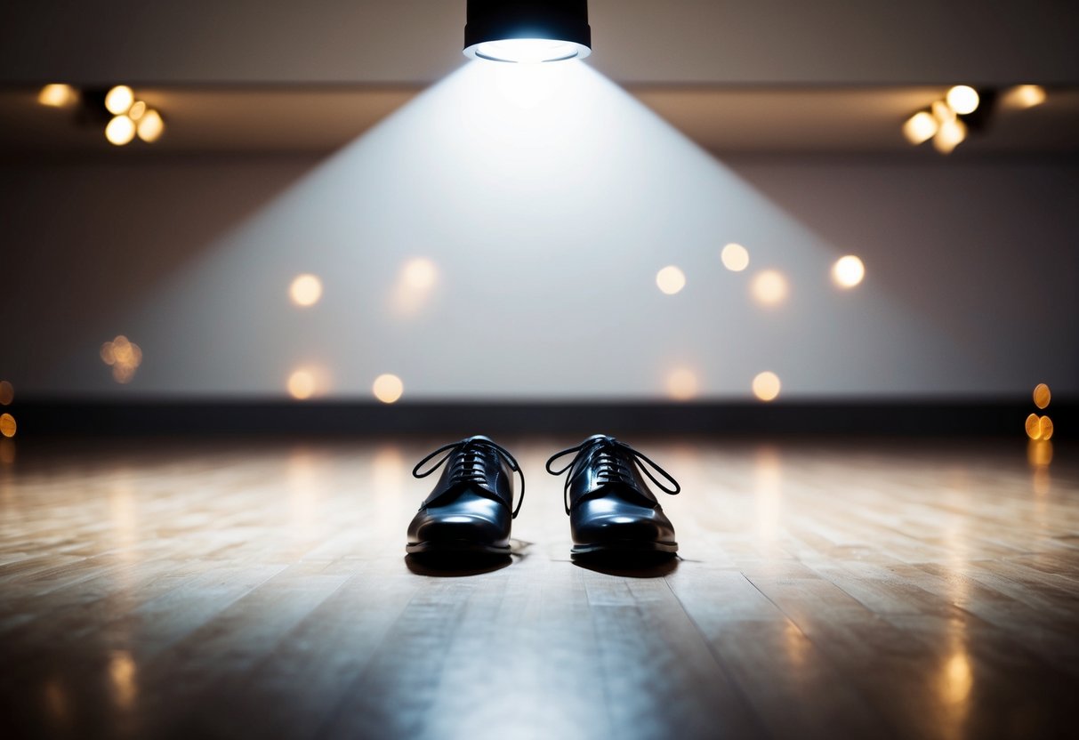 A lone spotlight shines on an empty dance floor, with a single pair of shoes placed in the center, symbolizing the absence of the mother during the mother-son dance