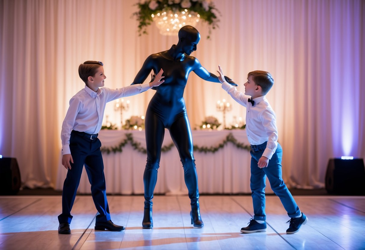A figure stands between a man and a boy, both reaching out. The setting is a dance floor with soft lighting and elegant decor