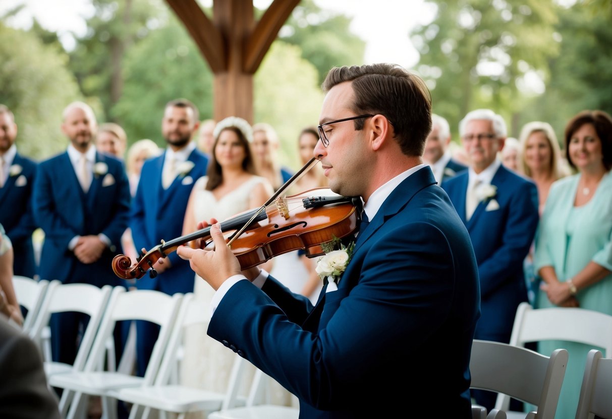 A musician plays a soft melody as guests gather for the wedding ceremony, setting a tranquil atmosphere for the processional