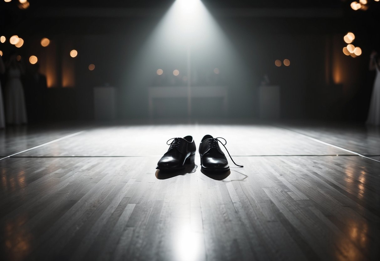 A lone spotlight shines on an empty dance floor, with a single pair of shoes placed in the center, symbolizing the absence of the mother during the son's dance