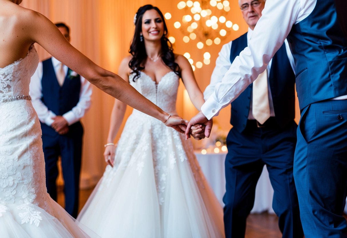 A bride stands between her father and groom, both reaching out to take her hand, as they prepare to dance together
