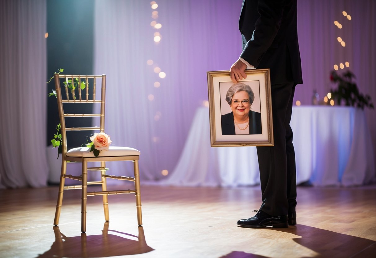 A spotlight shines on an empty chair adorned with a single rose, while the groom stands alone on the dance floor, holding a framed photo of his late mother