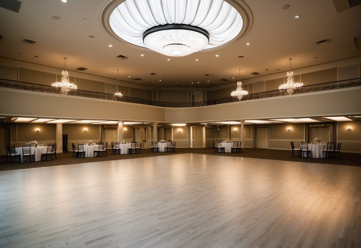 A ballroom with two empty dance floors, one larger than the other, surrounded by elegant decor and soft lighting