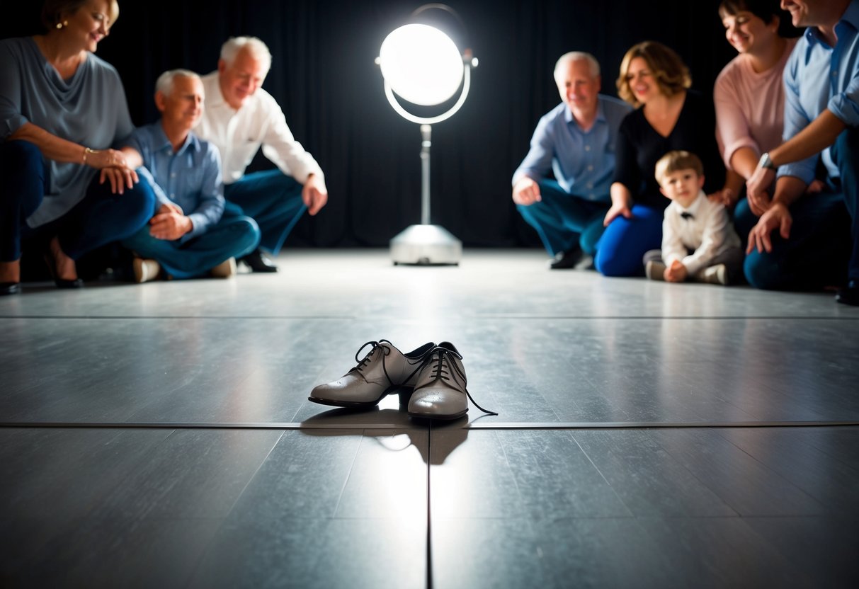A single spotlight illuminates an empty dance floor, with a pair of mother-son dance shoes placed in the center, surrounded by a circle of loving family members