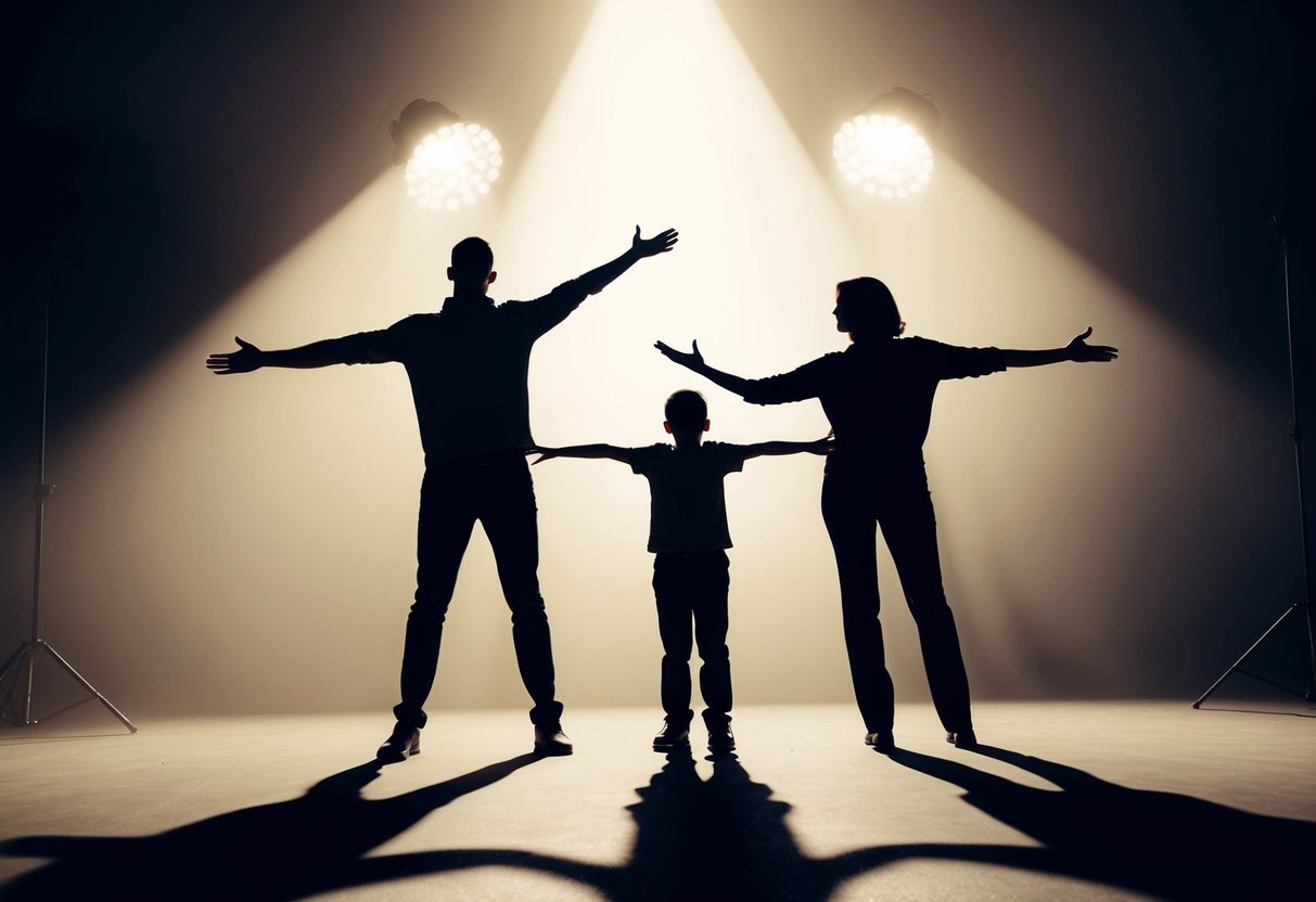 A figure stands between two silhouettes, one larger than the other, both with outstretched arms. A spotlight shines on the trio, casting long shadows on the floor