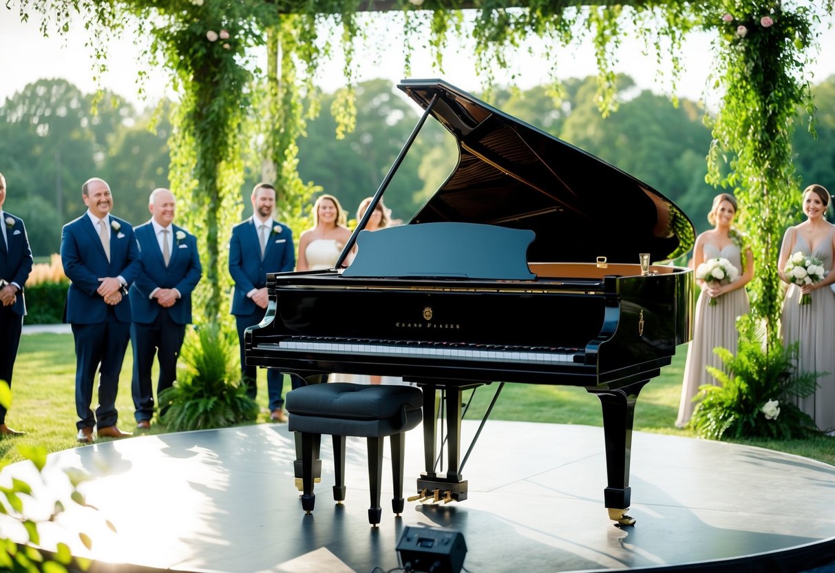 A grand piano sits on a sunlit stage, surrounded by lush greenery. Soft notes float through the air as guests arrive for the outdoor wedding ceremony