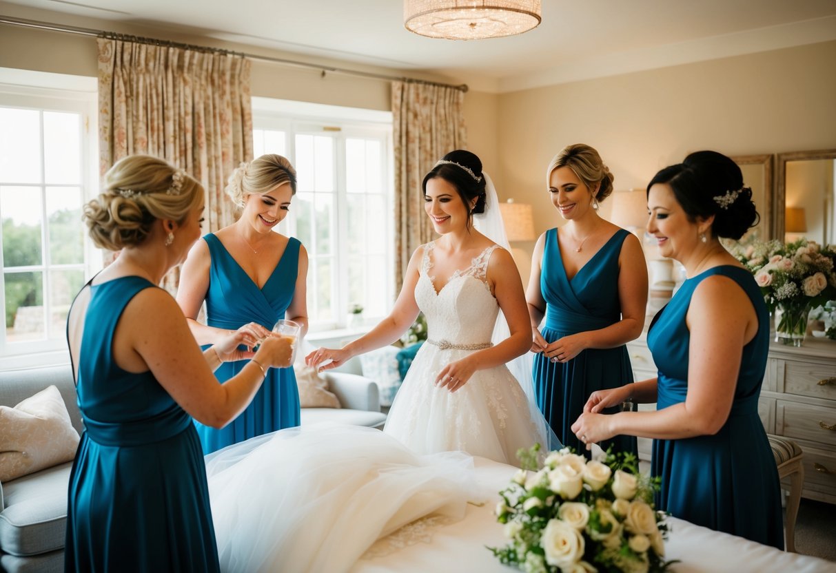 The mother of the bride and bridesmaids help the bride get ready in a cozy, sunlit room filled with flowers and wedding attire