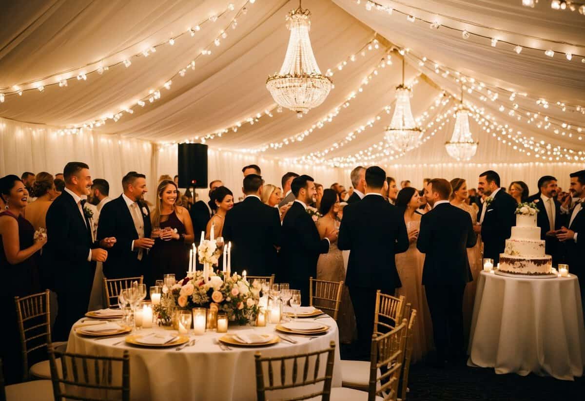 Guests mingle under twinkling lights, tables adorned with flowers and candles. A live band plays in the corner, while a lavish cake sits on display