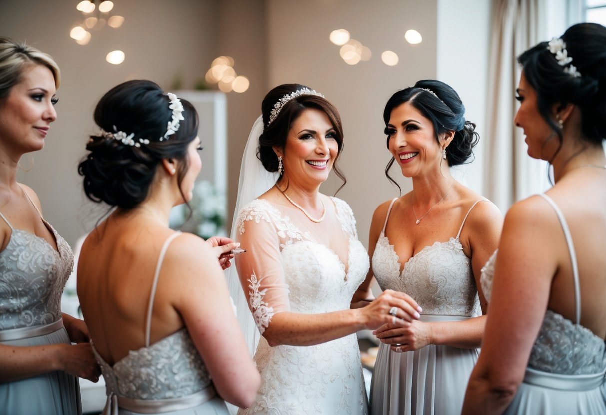The mother of the bride helps with final touches as the bride and bridesmaids get ready for the wedding ceremony
