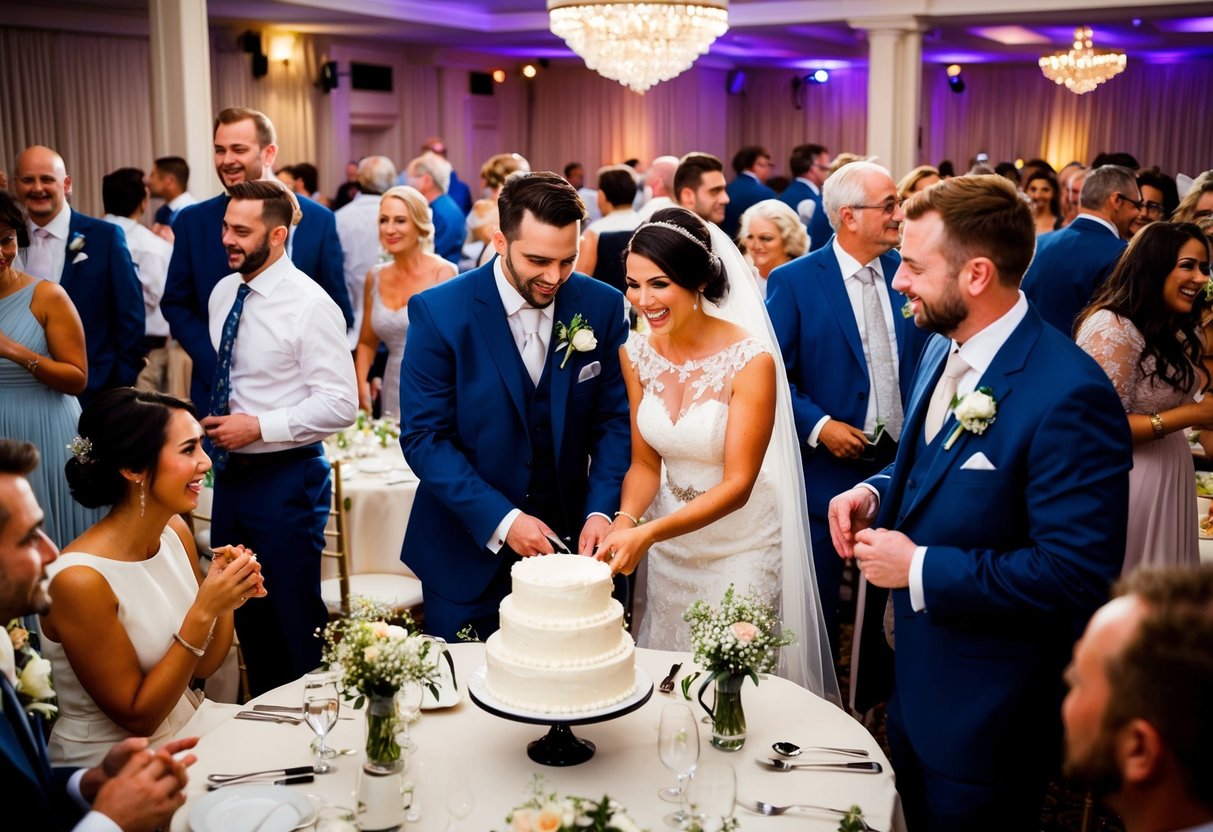 Guests gather around tables, chatting and laughing. The newlyweds stand together, cutting the cake as the room fills with music and anticipation