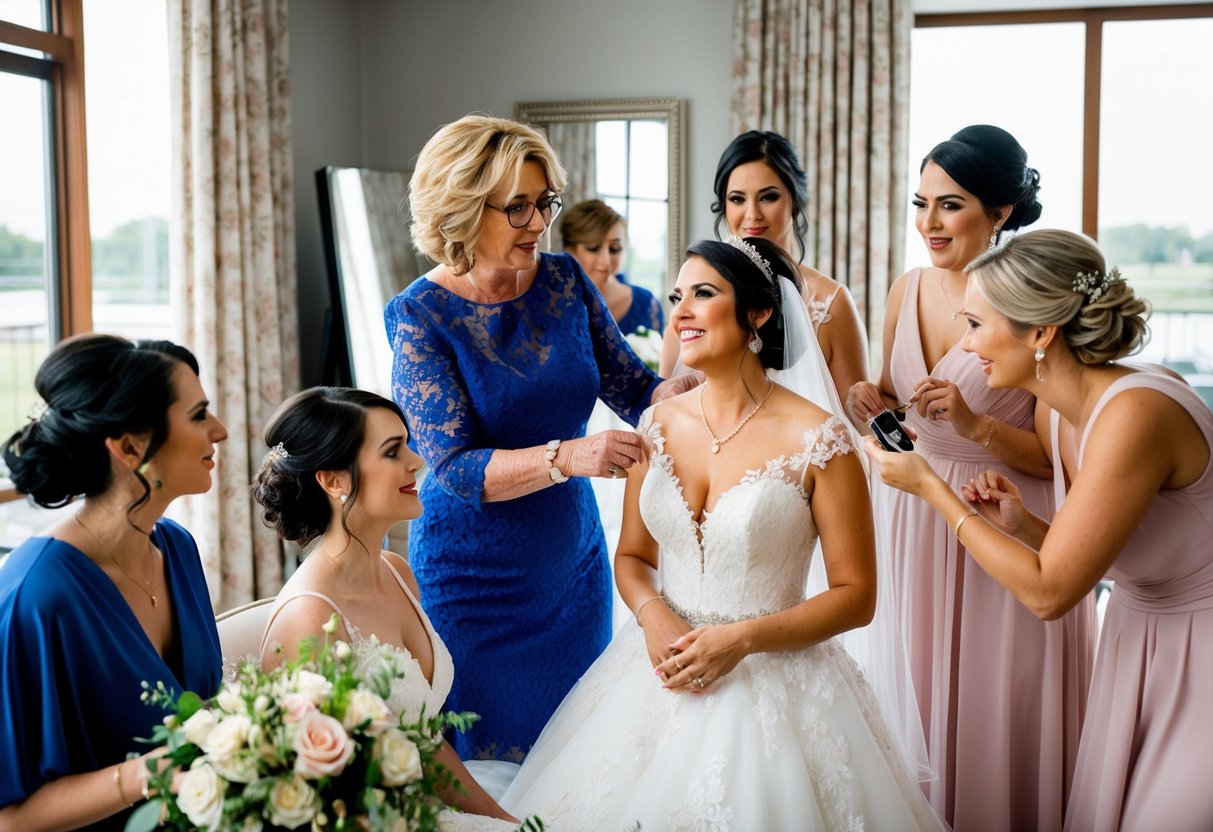 The mother of the bride helps the bride and bridesmaids get ready, surrounded by dresses, makeup, and flowers