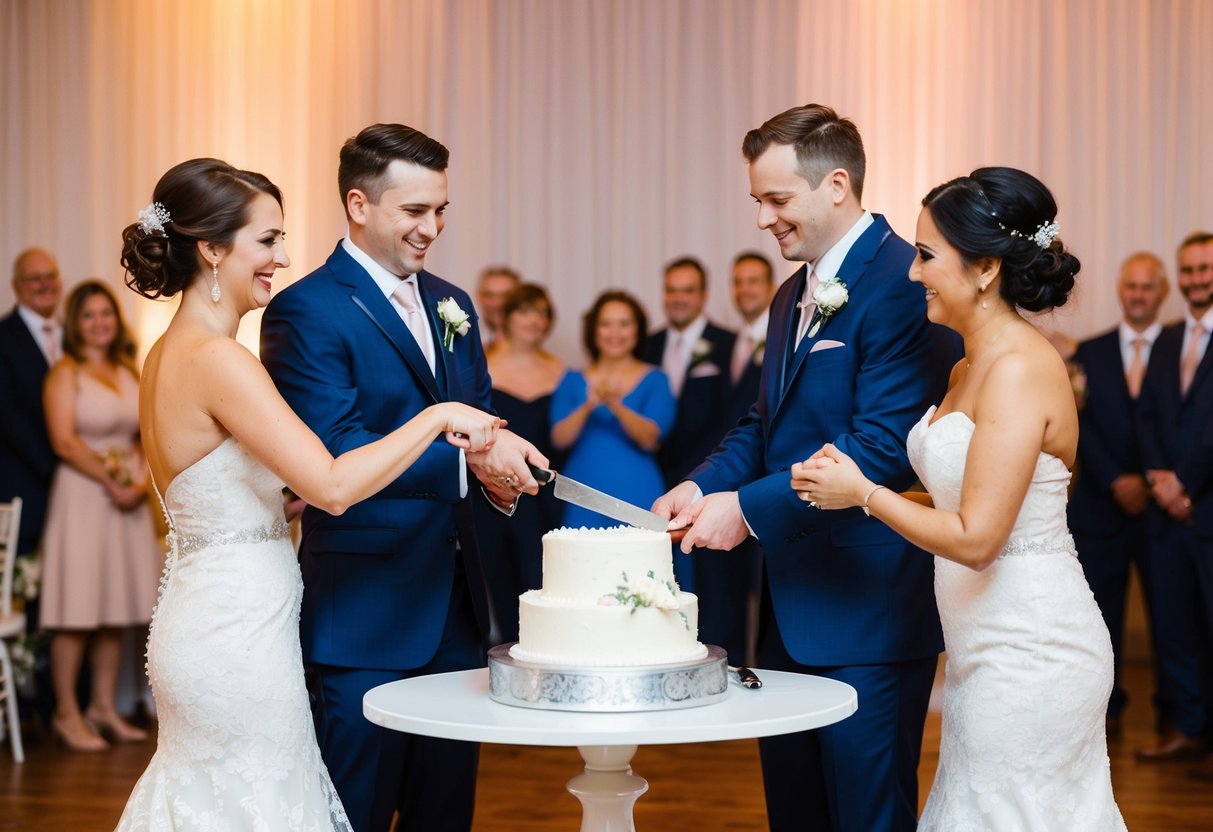 The newlyweds cut the cake, then moved to the center of the room for their first dance