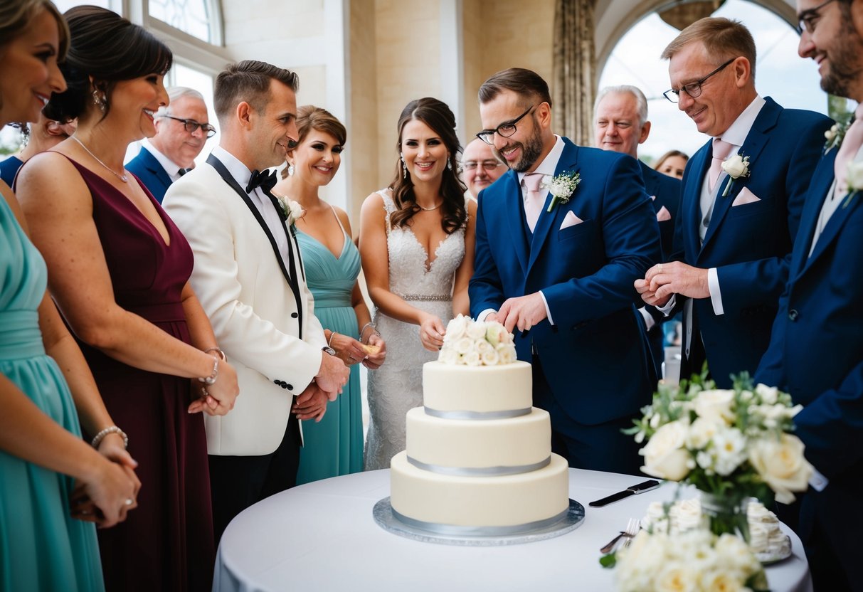 Guests standing up and gathering near the cake table as the bride and groom prepare to cut the cake