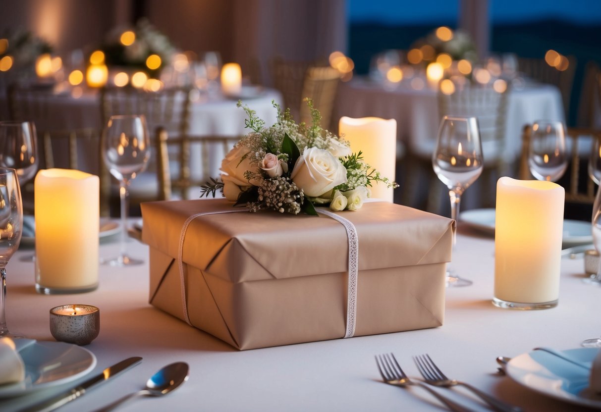 A beautifully wrapped gift sits on a table at an elegant evening wedding reception, surrounded by soft candlelight and delicate floral arrangements