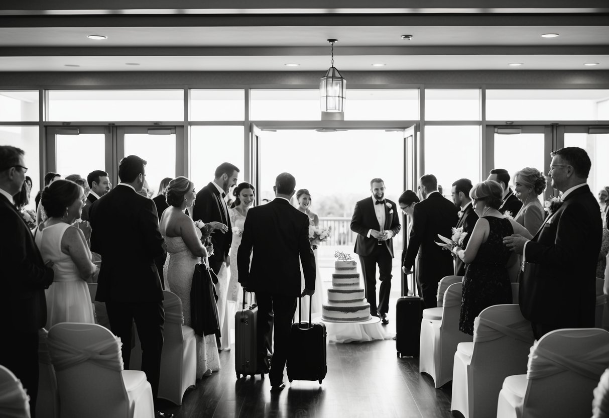 Guests standing up, gathering their belongings, and heading towards the exit as the wedding cake is being brought out