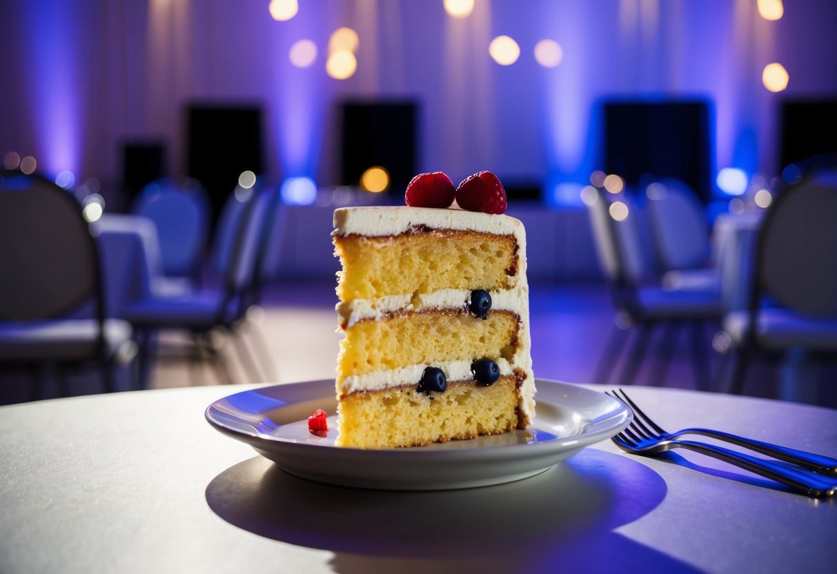 A half-eaten slice of cake sits alone on a table, surrounded by empty chairs and a dimly lit dance floor