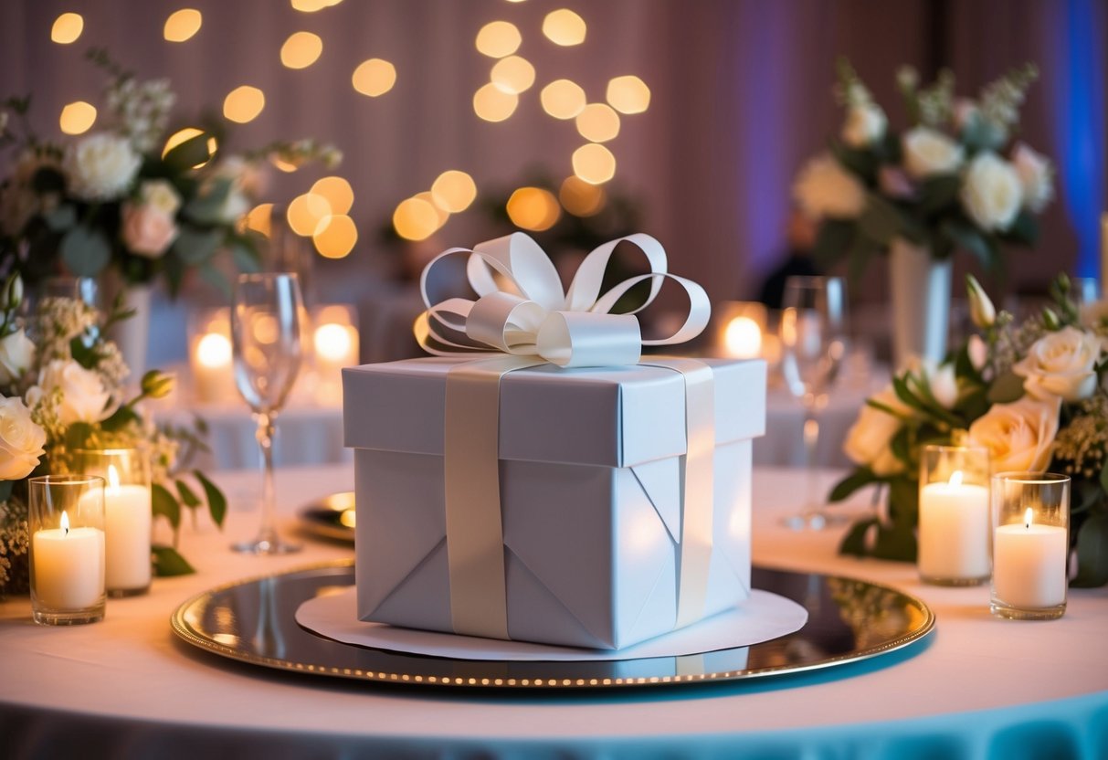 A beautifully wrapped gift box sits on a table at an elegant evening wedding reception, surrounded by soft candlelight and delicate floral arrangements