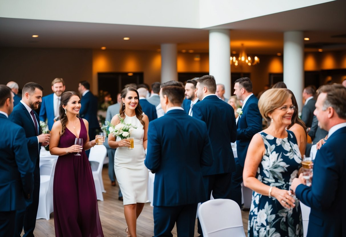 Guests transition from ceremony to reception. They mingle, chat, and move between spaces. Some grab drinks, others find their seats. The atmosphere shifts from formal to celebratory