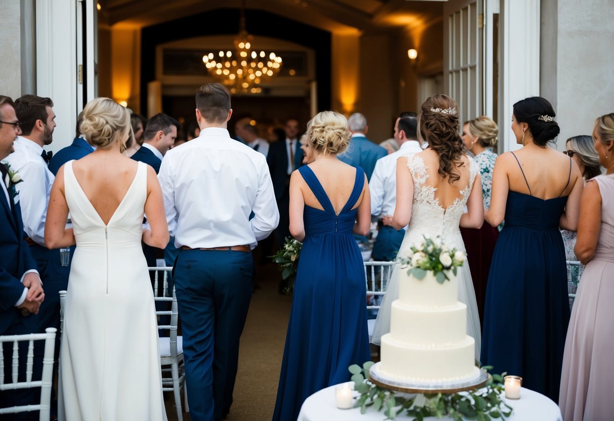 Guests standing up from tables, heading towards the exit as the wedding cake is being brought out. Some guests linger, while others say their goodbyes