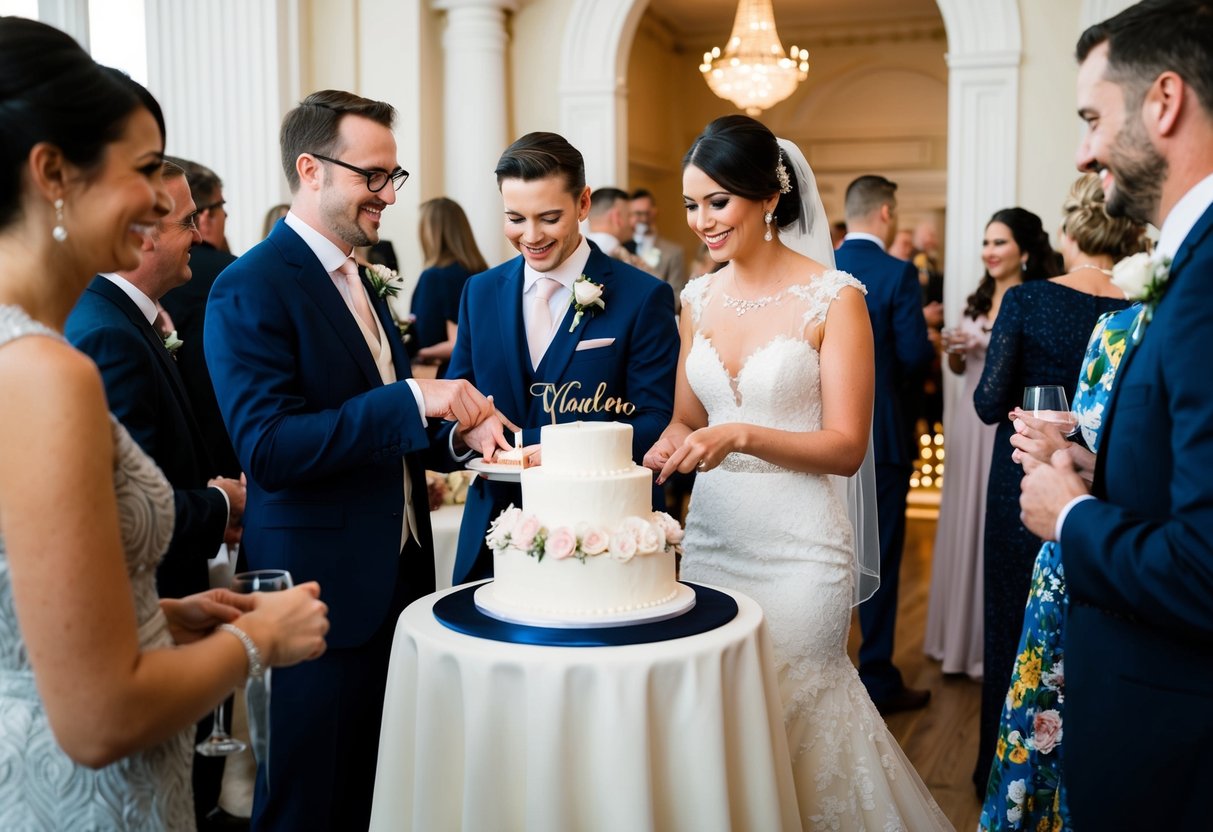 Guests mingling, bride and groom cutting cake, elegant decor, soft lighting, festive atmosphere, graceful exit