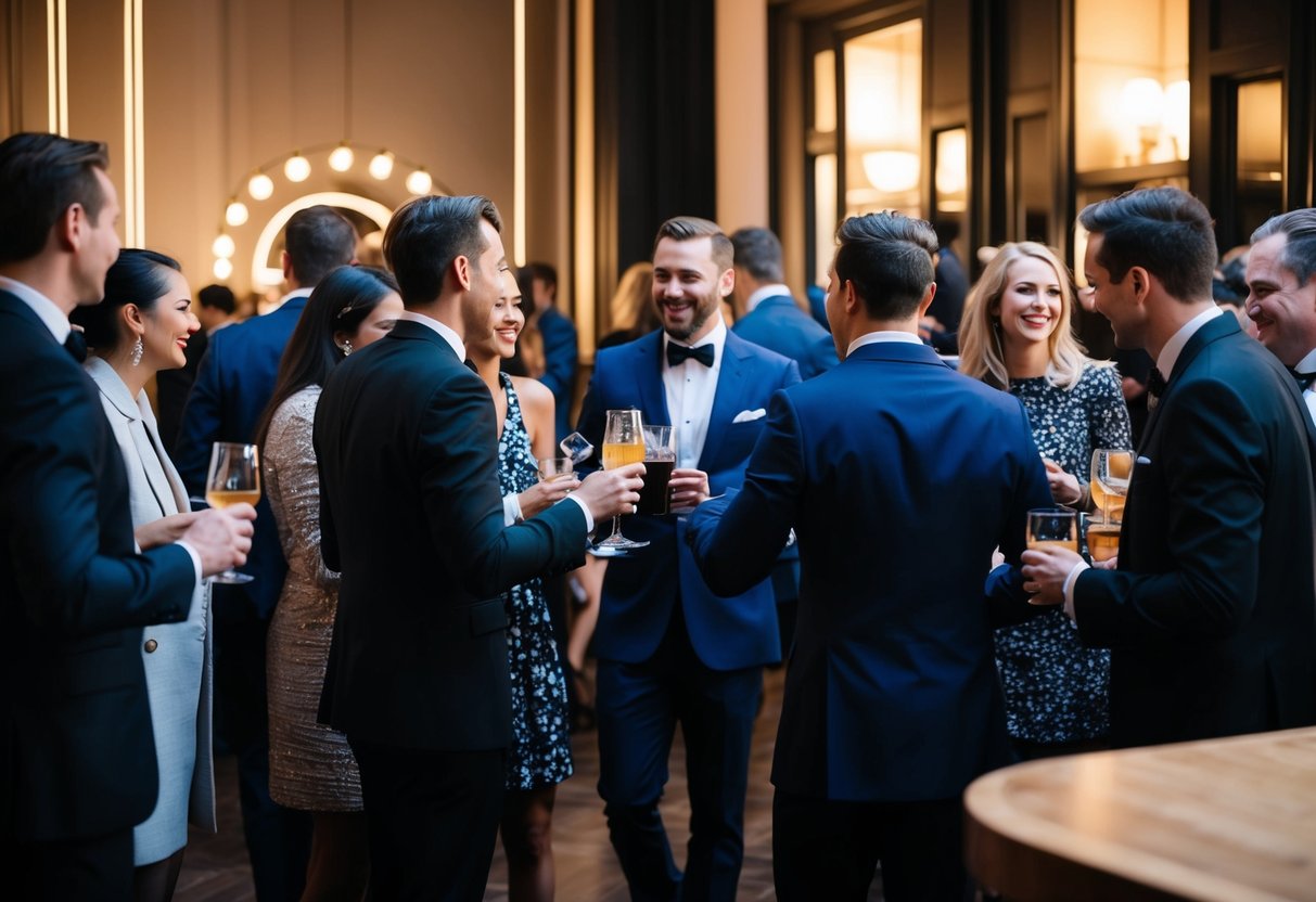 Guests mingle in a stylish, dimly lit space. Waiters serve drinks as people chat and laugh, creating a lively and sophisticated atmosphere