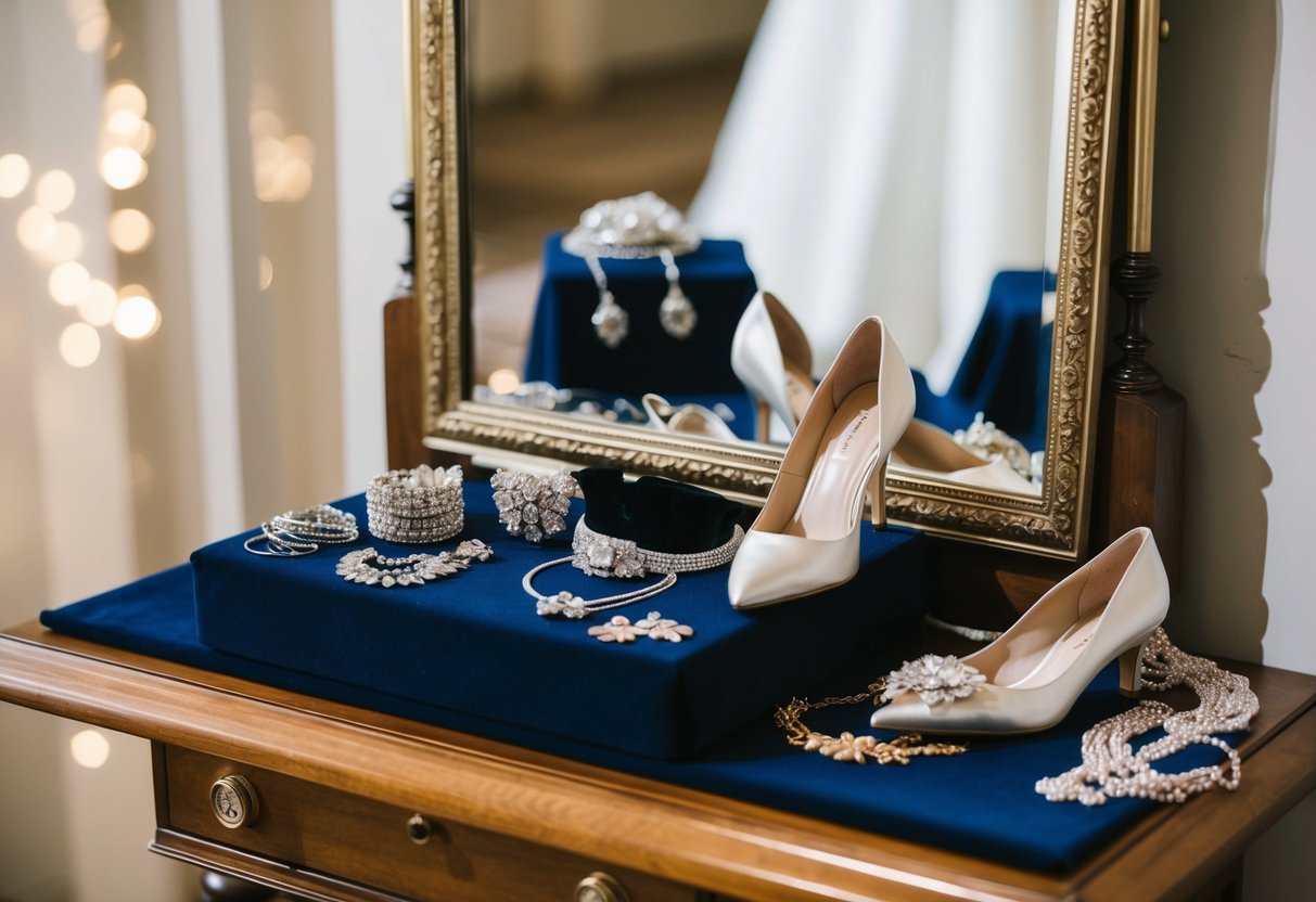A table with a pile of jewelry, shoes, and accessories. A mirror reflects the items, suggesting a quick change between ceremony and reception