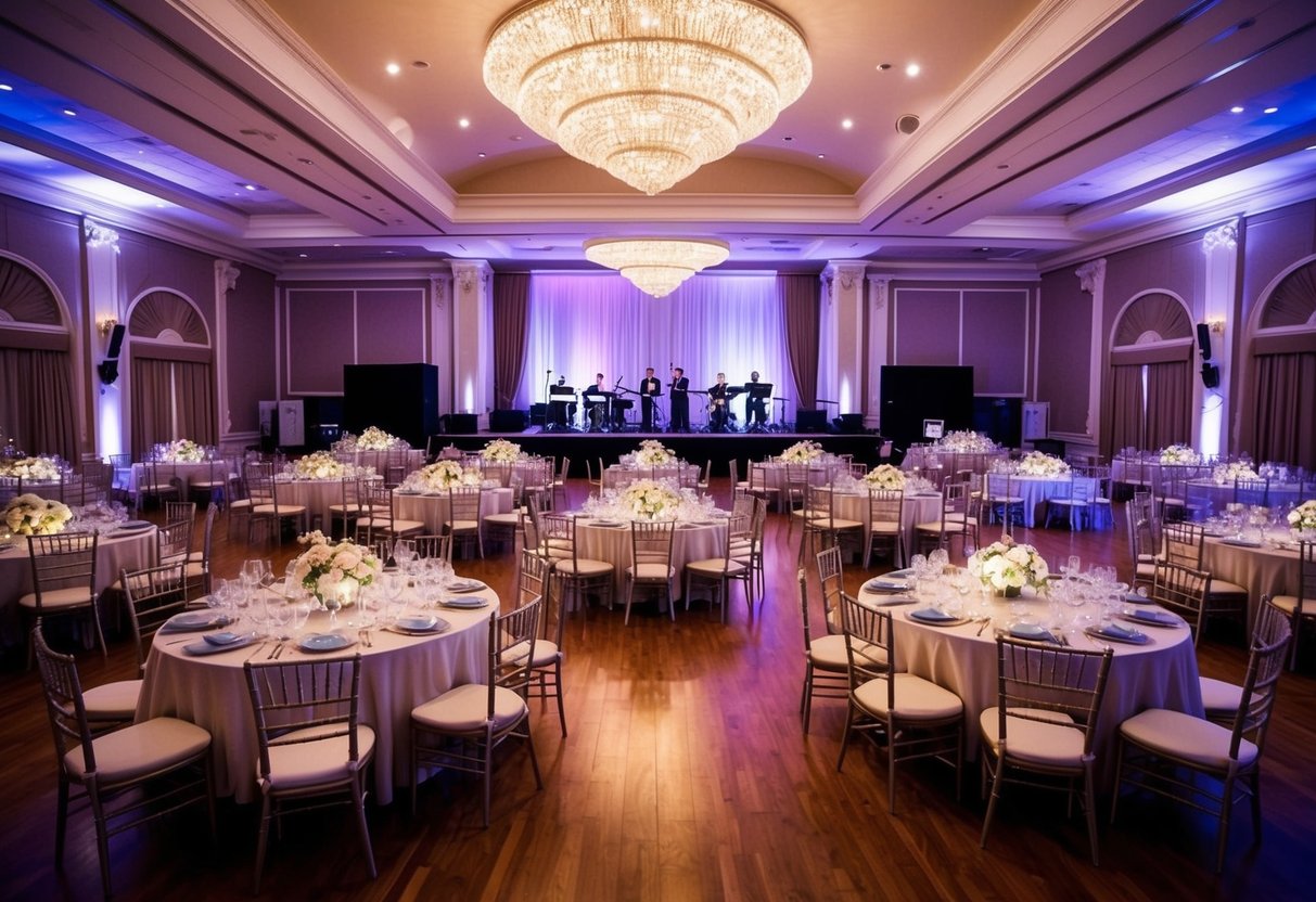 A grand ballroom with elegant decor, filled with tables and chairs, a dance floor, and a stage for the band