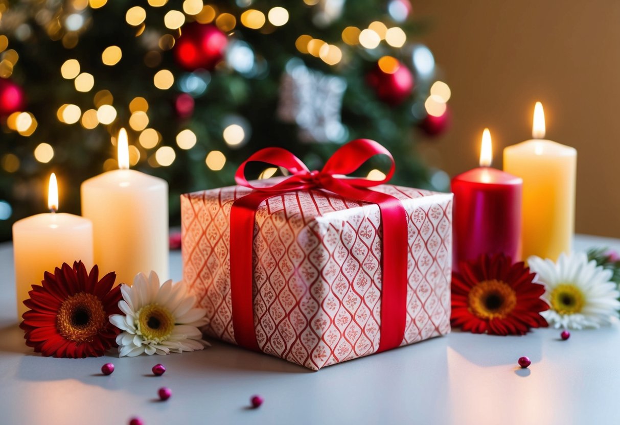A beautifully wrapped gift box on a table, surrounded by flowers and candles